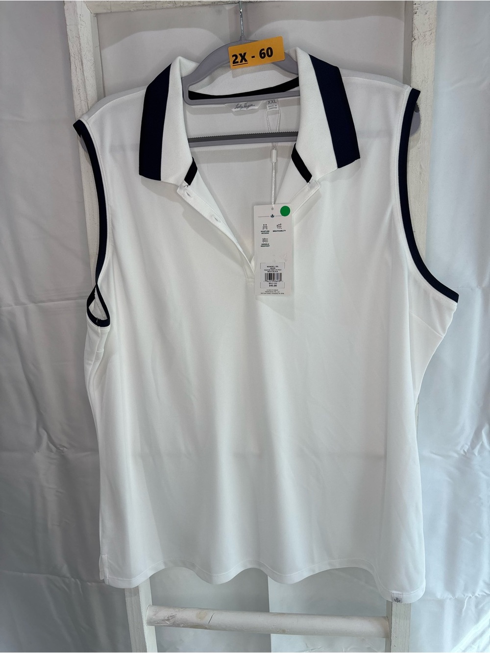 Lady Hagen White Sleeveless Polo Tank with Navy Trim Collar